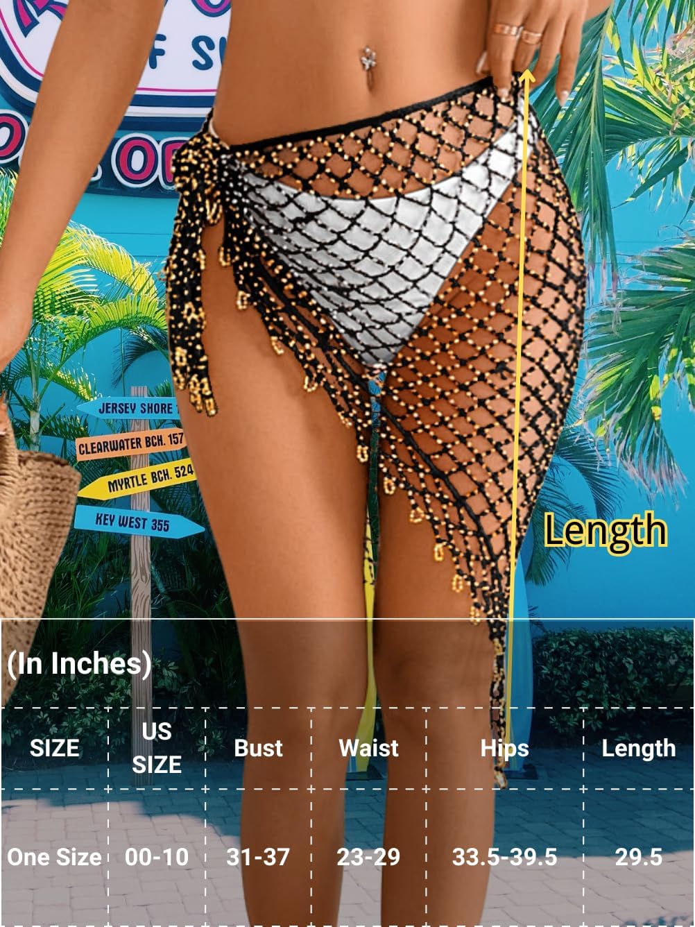 Women's Sparkly Beaded Fringe Wrap Coverup, Boho Crochet Beach Sarong Skirt, Belly Dance Hip Scarf Fits 00-10 - Image 5