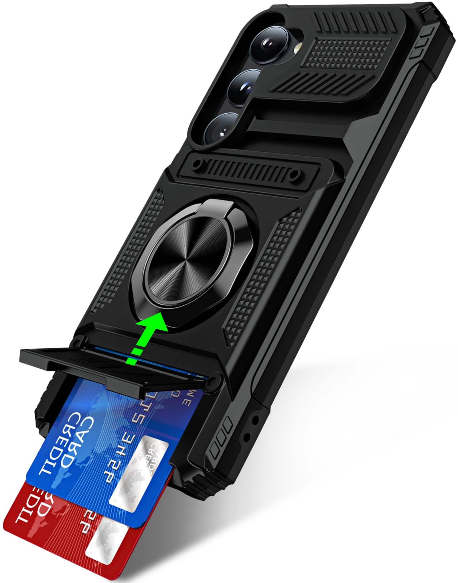 for Samsung Galaxy S23 Case with 360° Spin Ring Kickstand & Card Holder [with Screen Protector] Military Grade Cover, Heavy Duty Shockproof Protective