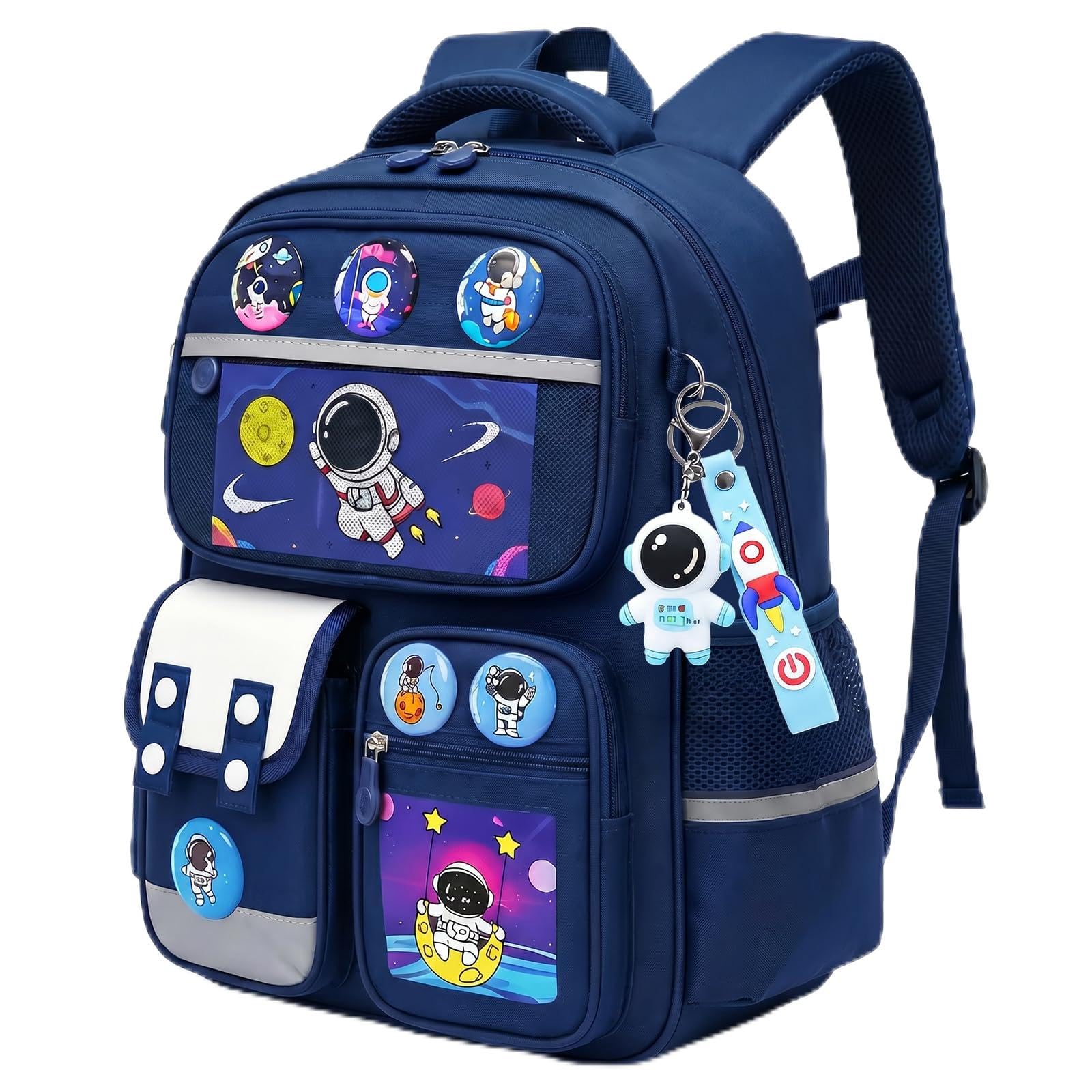 Amythe Mochila Niño 8-12 Años Primaria – Mochila Ergonómica Ligera con Bandas Reflectantes, Compartimento A4, Oxford 300D – Diseño Astronauta – Regalo Vuelta al Cole -Azul