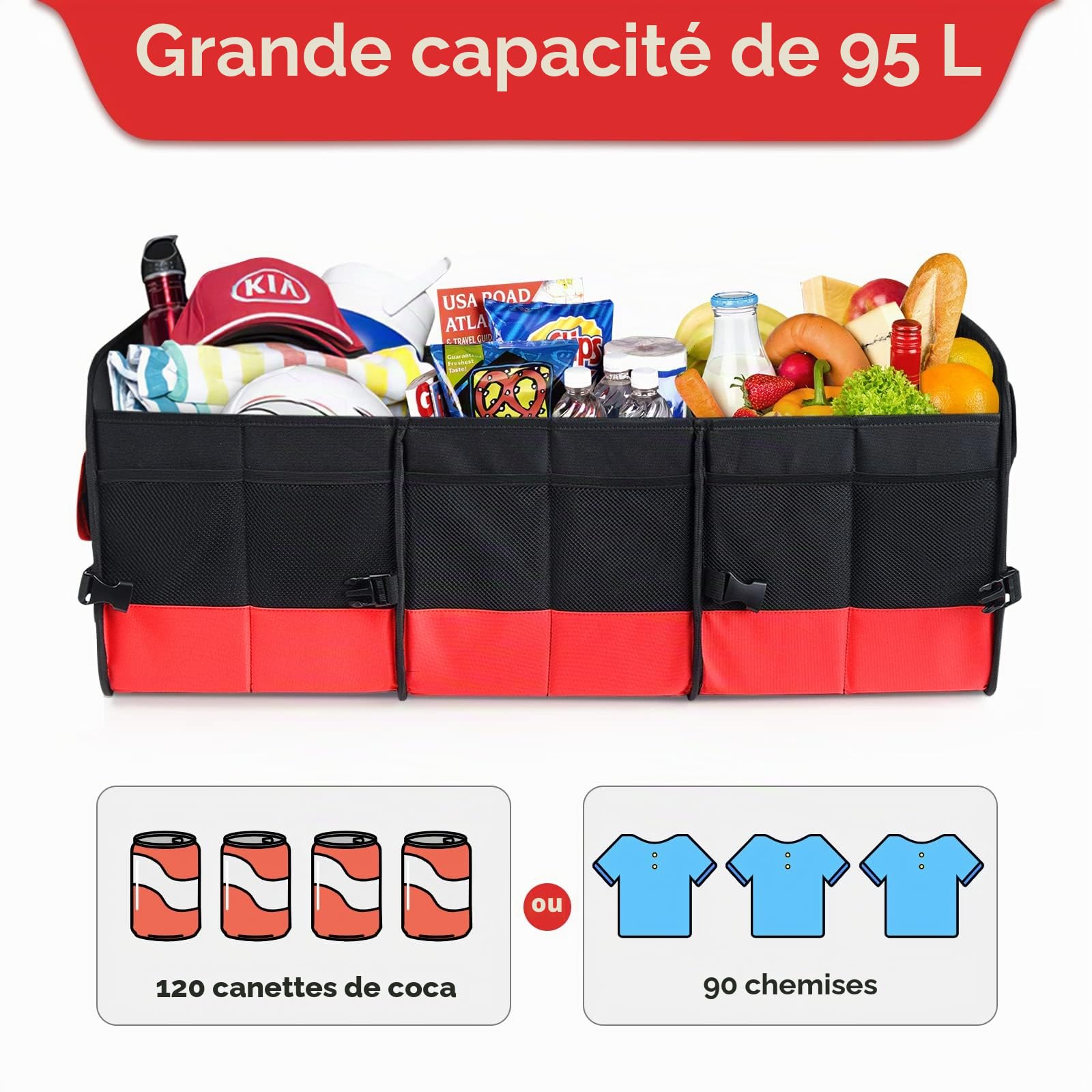XXL Rangement Coffre, Multi-compartiments Organisateur De Coffre, Tissu Oxford 1680D, Pliable, Rouge