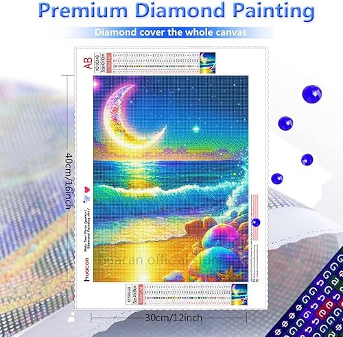 Miniatura 2 de Huacan Kit de pintura de diamantes AB para adultos, diseño de luna de playa, arte de diamantes redondos, puntos de diamante para principiantes,