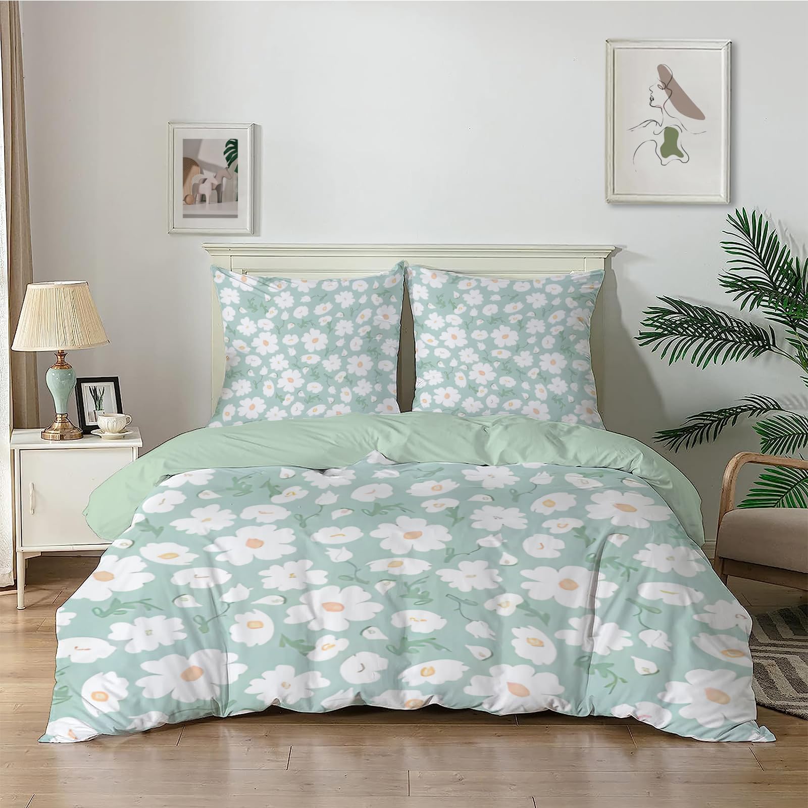 Dyausi Women's Sage Green Duvet Cover Double Flowers Printed Reversible Stylish Bedding Double Bed Set For Girls Soft Microfiber Quilt Cover Double Bedding 200X200cm + 2 Pillowcases 50X75cm