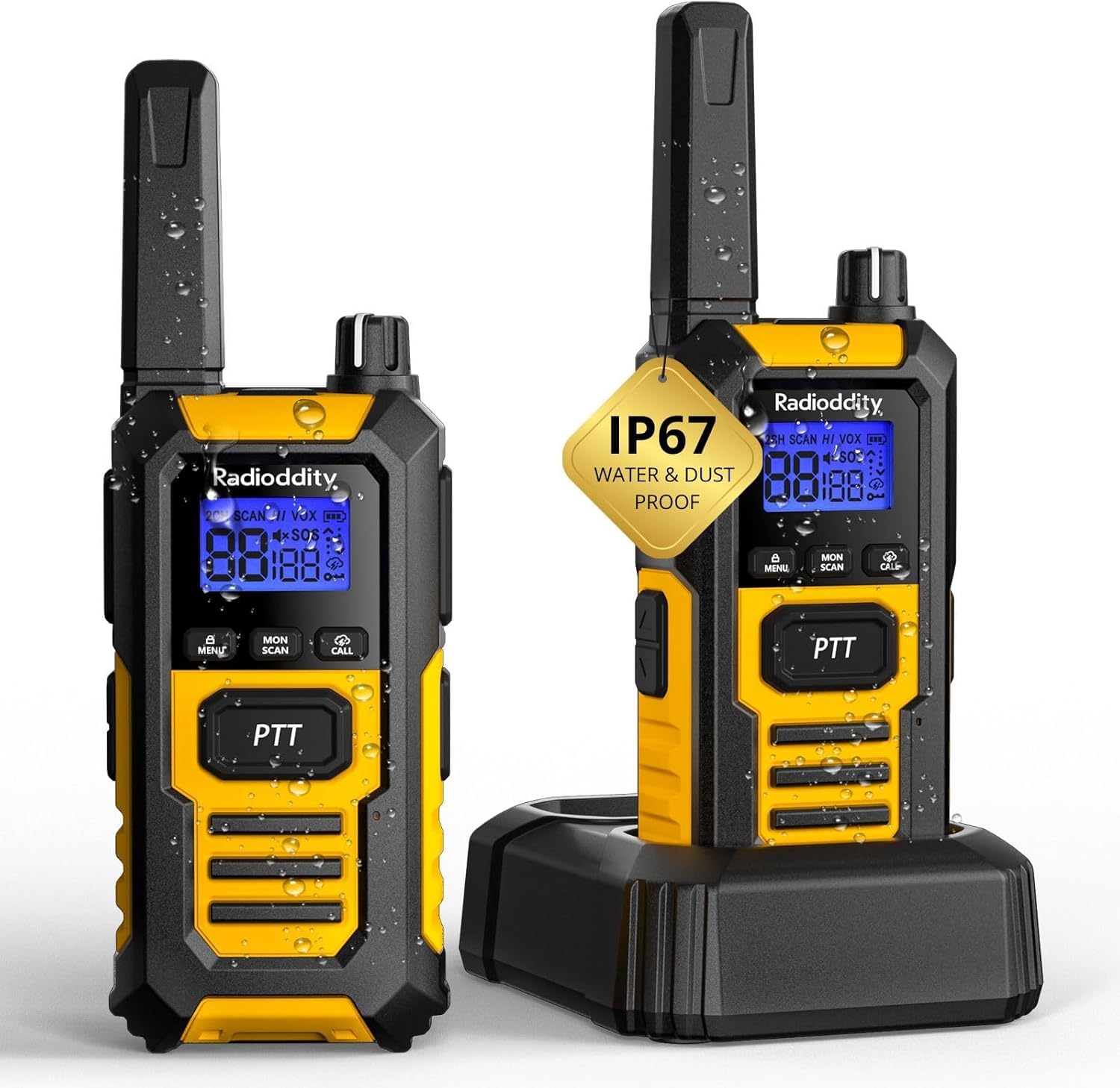 Radioddity HD-1 IP67 Heavy Duty Walkie Talkie, 2400mAh Battery, Long Range | Waterproof Dustproof Two Way Radio, One-Key Group Call, SOS, Dual PTT, Base & USB-C Charing for Industrial, Site Work, 4-Pack