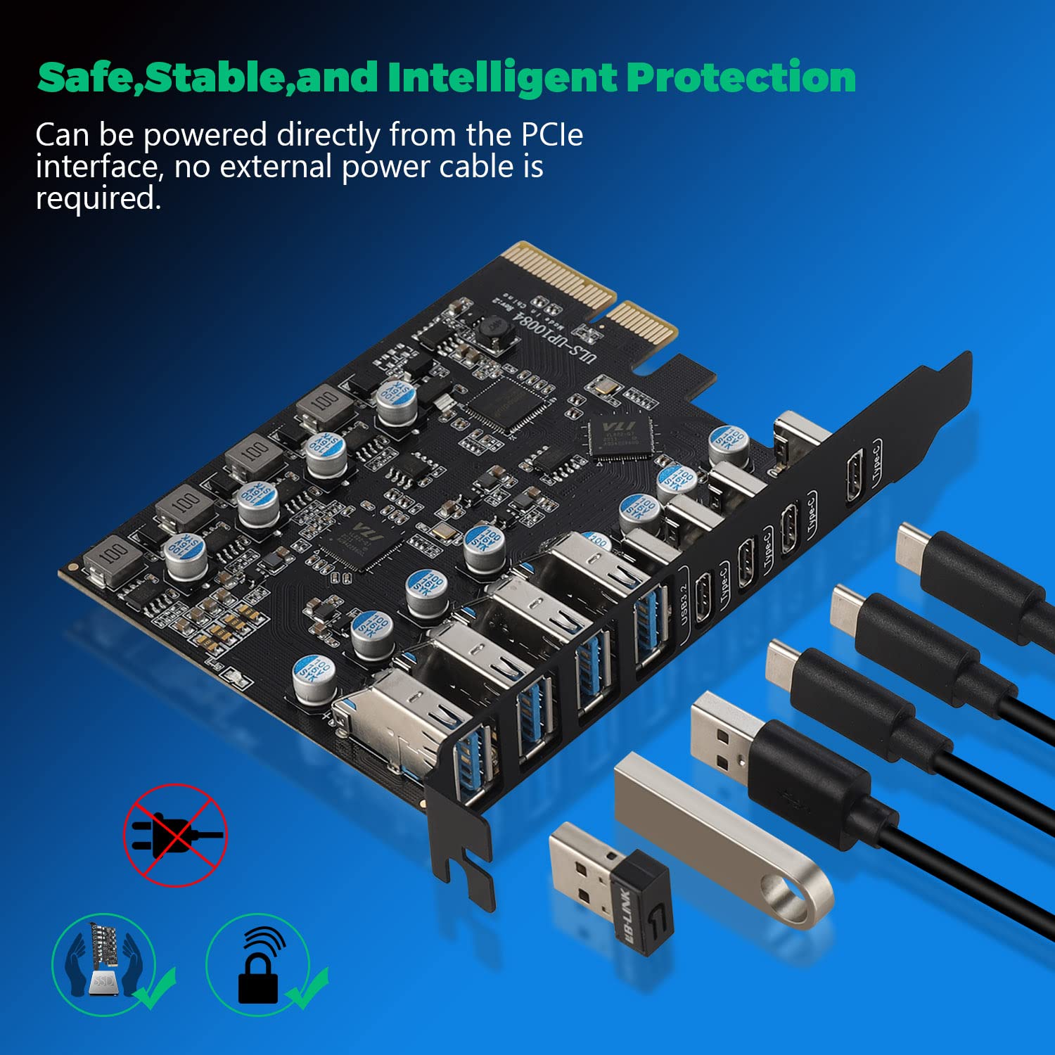 Tarjeta de Expansión PCIe USB 3.2 (USB 3.1) Gen 2, 8 Puertos (4 Type- C, 4 Type-A) 10 Gbps para Windows y Mac