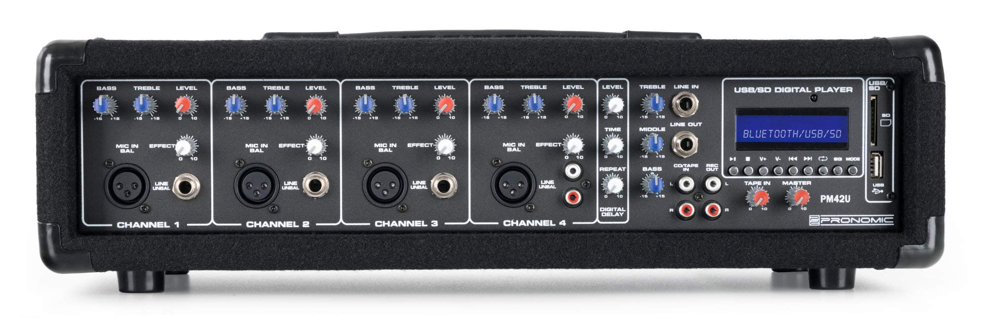 Pronomic PM42-Festival StagePower Set, Mixer Amplificato Pronomic PM42U | Ingresso XLR bilanciato per microfoni dinamici, Ingresso jack 6, 35mm sbilanciato, Canale 4 con ingresso Line in formato RCA