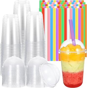 Foxtell 100 Pack Clear Plastic Cups with Dome Lids and Colorful Straws, 16oz PET Disposable Cups, U-Shaped Bottom Cup for Iced Coffee, Juice, Milkshake, Bubble Tea & Party Supplies