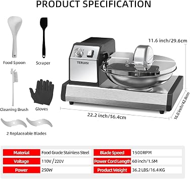 Commercial Meat Bowl Cutter Mixer, 5.28qt Electric Food Chopper Processor, Timer Function, Visual Feeding Port, 1500 RPM Sharp s Blades, 1-15 Minute Timer, 100 lbs/Hour high Output