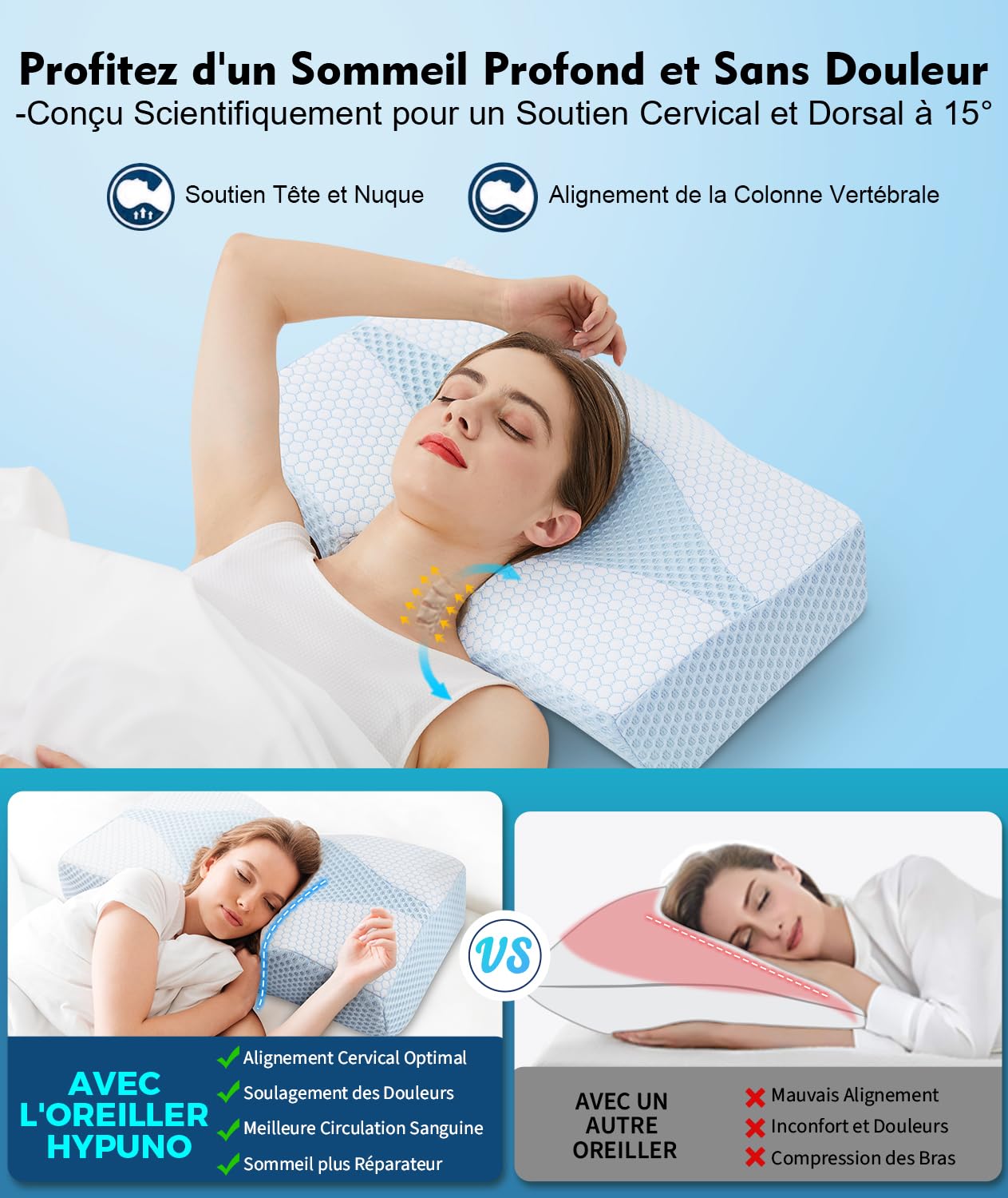 Oreiller Cervical Ergonomique Orthopédique Mémoire de Forme – Douleurs Cervicales & Nuque Sensible – Bi-Hauteur Intégrée – Côté/Dos/Ventre – Housse Rafraîchissante Amovible & Lavable, Bleu
