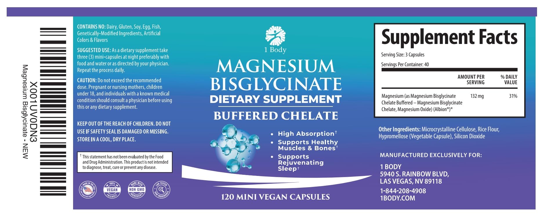 1 Body Magnesium Bisglycinate Chelate, High Absorption, 120 Capsules — Amazon image 6