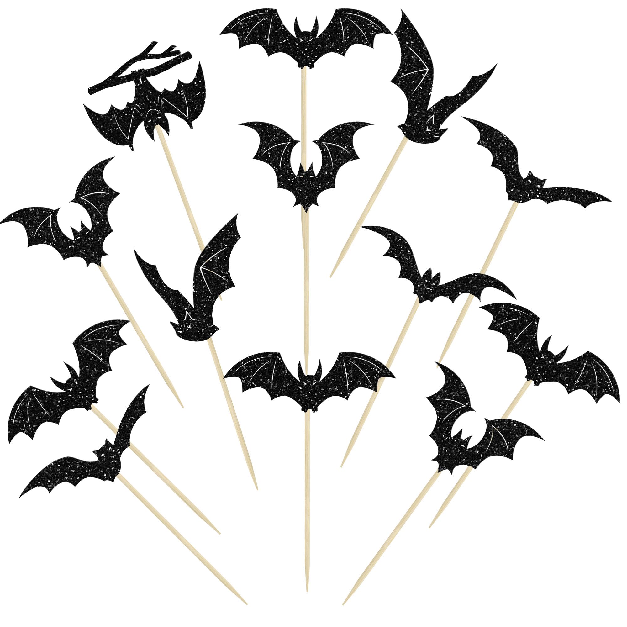 Gyufise 24Pcs Black Glitter Bat Cupcake Toppers for Halloween Theme Baby Shower, Kids Birthday Party Cake Decorations Supplies