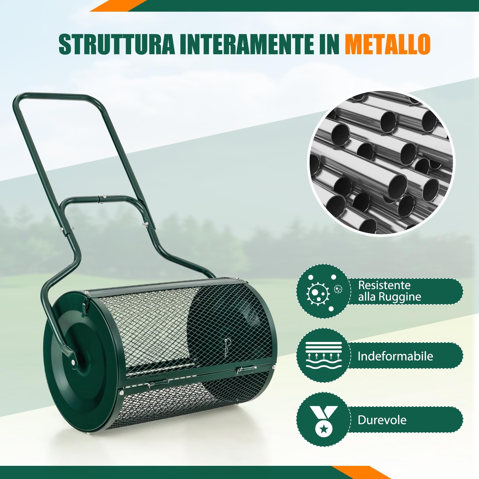 RELAX4LIFE Spandiconcime da 75L, Larghezza 60 cm, Ø Rullo: 41 cm, Spanditore da Giardino/Prato con Cestello in Rete Metallica e Manico, per Compost, Torba, Semi e Terriccio (41 x 60 cm,Verde)