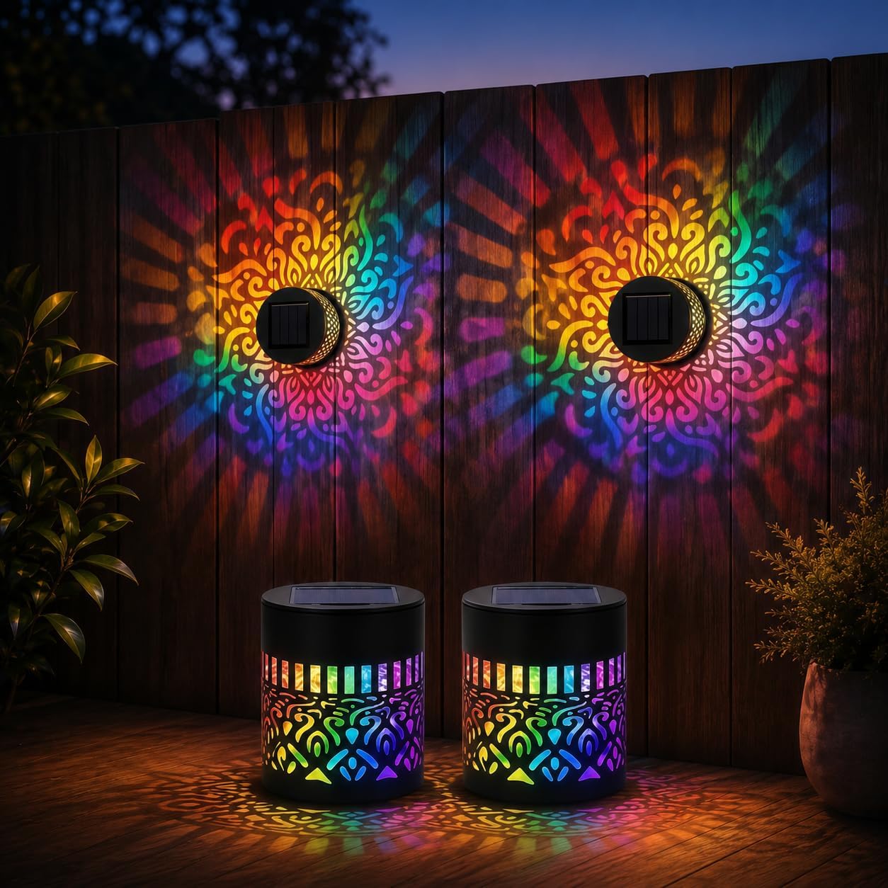 Solar Mandala Lights Outdoor Seven Color Changing Decorative Wall Fence Projection Projector Metal Waterproof Mosaic Disk Powered Creative Hollow Iron Waterproof for Yard Garden Post Patio(2pcs)