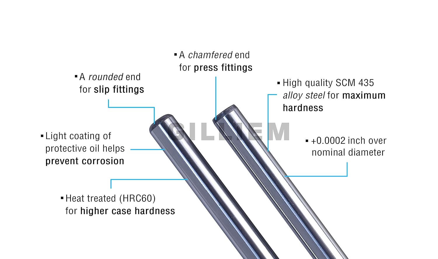 3/8" x 2" GILLIEM Dowel Pins for Precision Alignment, Heat Treated Alloy Steel for Extra Hardness, 130,000-PSI Shear Strength, Pack of 4