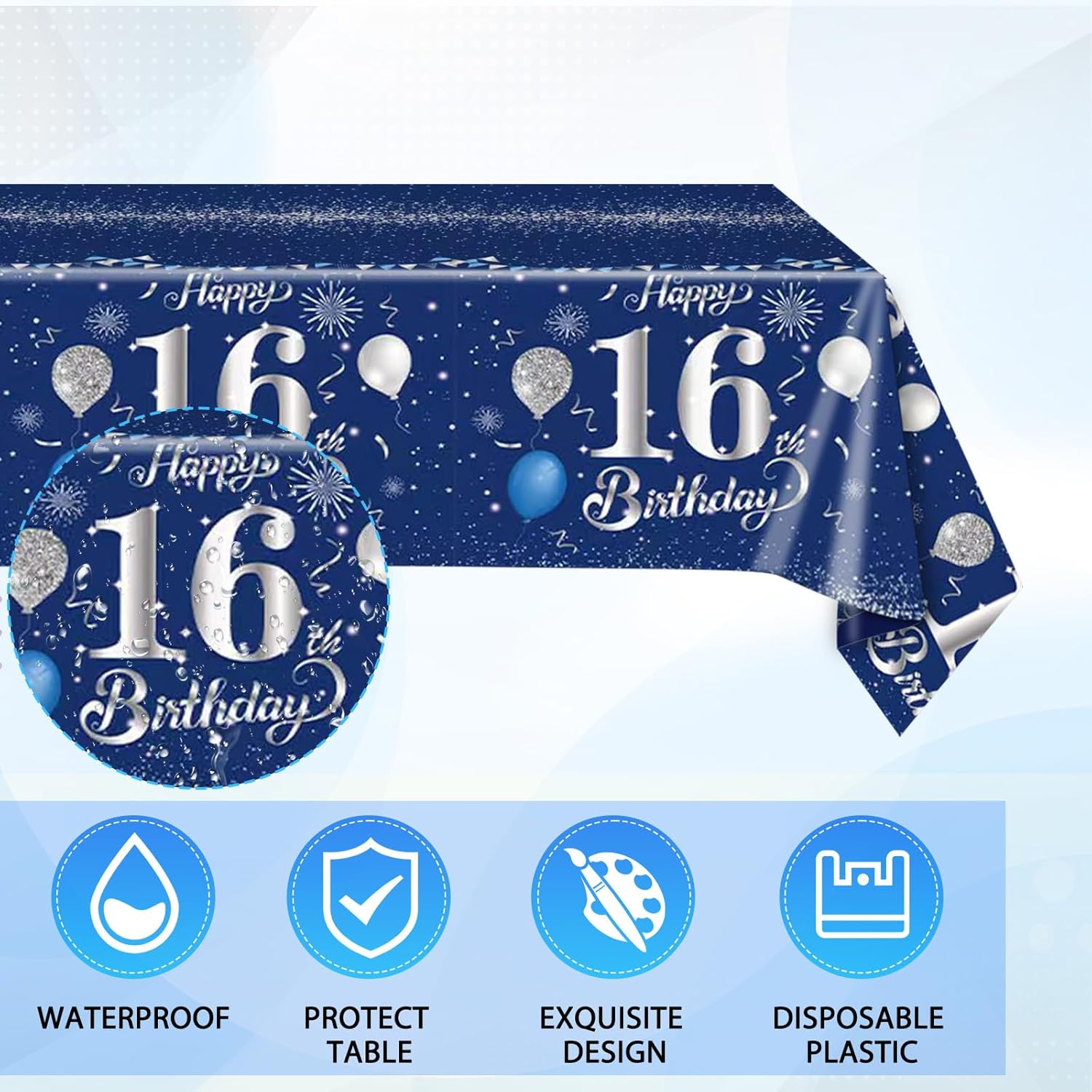 41PCS 16th Birthday Decorations for Boys Navy Blue Silver 16 Years Old Birthday Decorations Sweet 16 Plates Napkins Tablecloth for Boys Girls 16th Birthday Party Supplies - Image 4