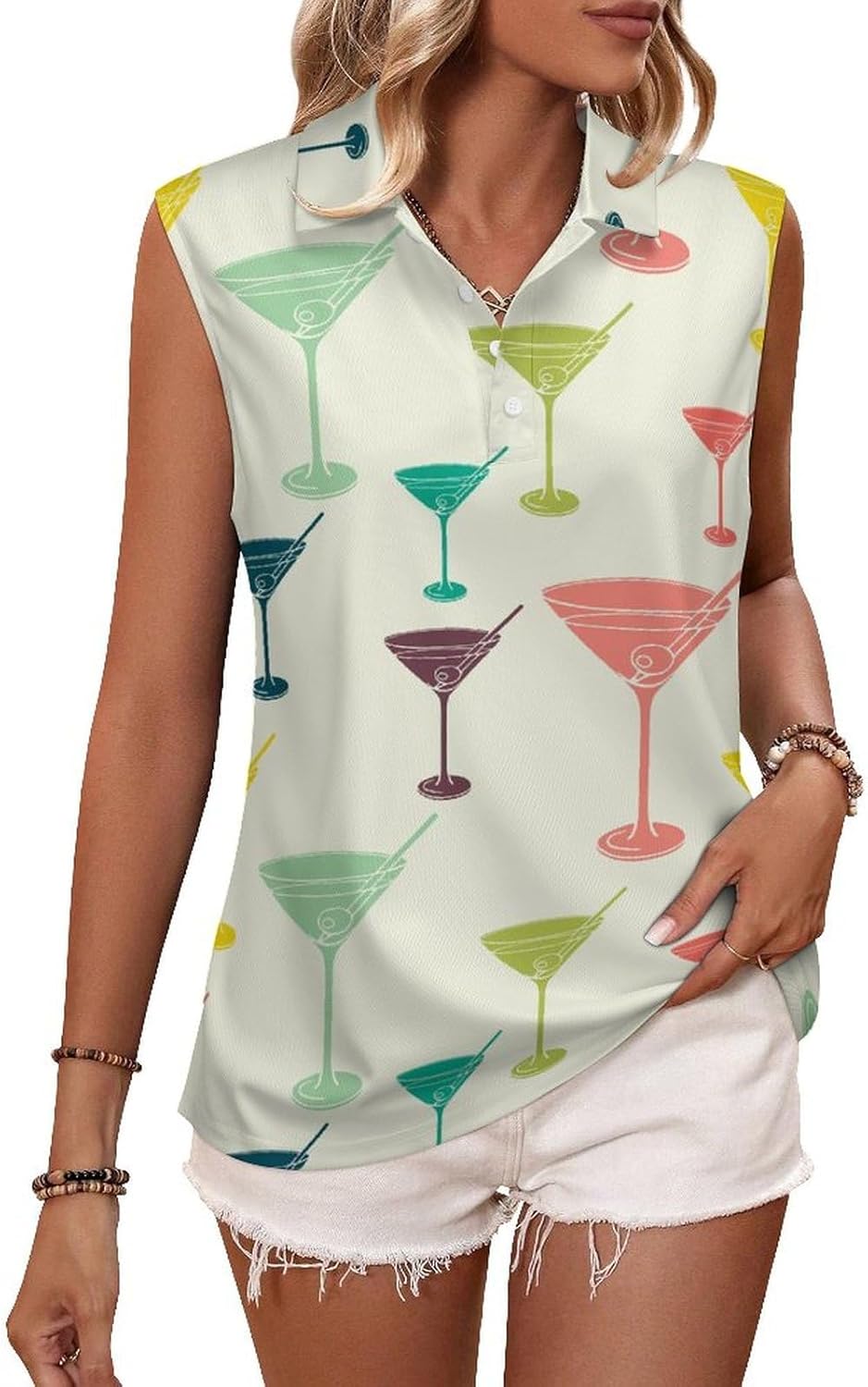 Vintage Colorful Martini Glass Women's Sleeveless Golf Polo Shirts Quick Dry Athletic Button V-Neck Tank Top