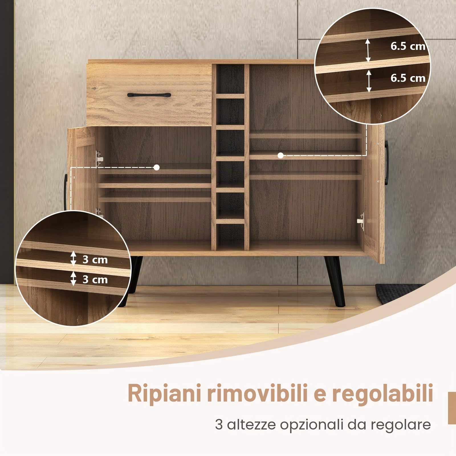 GIANTEX Credenza da Cucina con Porta Vino per 6 Bottiglie, 90 x 40 x 79 cm, Mobile da Bar con 2 Ante e 1 Cassetto, Ripiani Regolabili, per Sala da Pranzo e Soggiorno (Naturale)