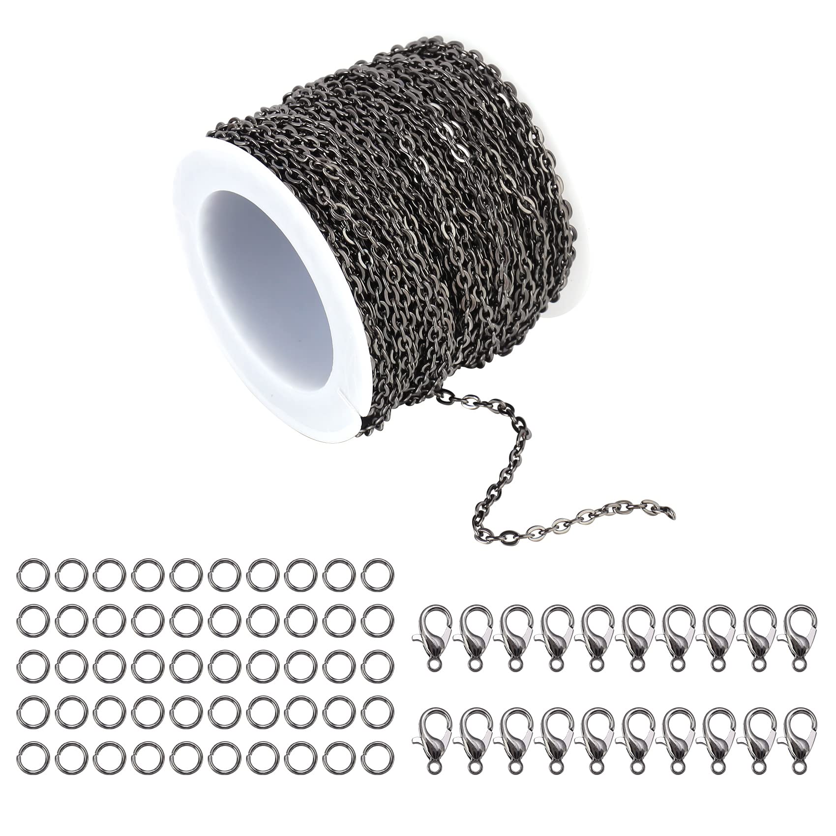 ForiseForise 30 Feet Necklace Chains 2mm Cable Links Black Chain for DIY Jewelry Making, Bracelet Necklace Making Chains Set with 20Pcs Lobster Clasps 50Pcs Jump Rings