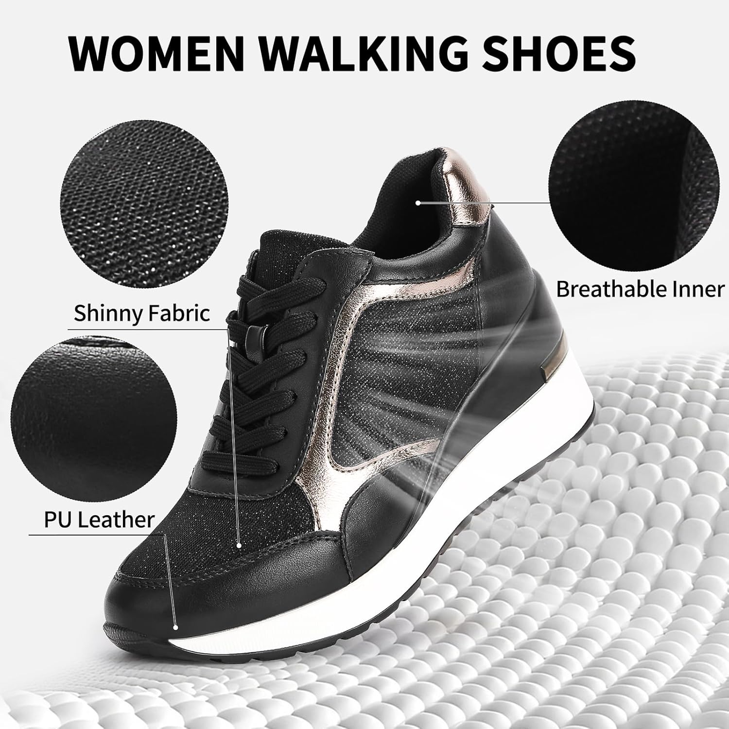 AoustruFit Wedge Sneakers for Women Non-Slip Womens Fashion Sneakers Casual Glitter Mesh Walking Shoes Lightweight Platform Work Shoes - Image 3