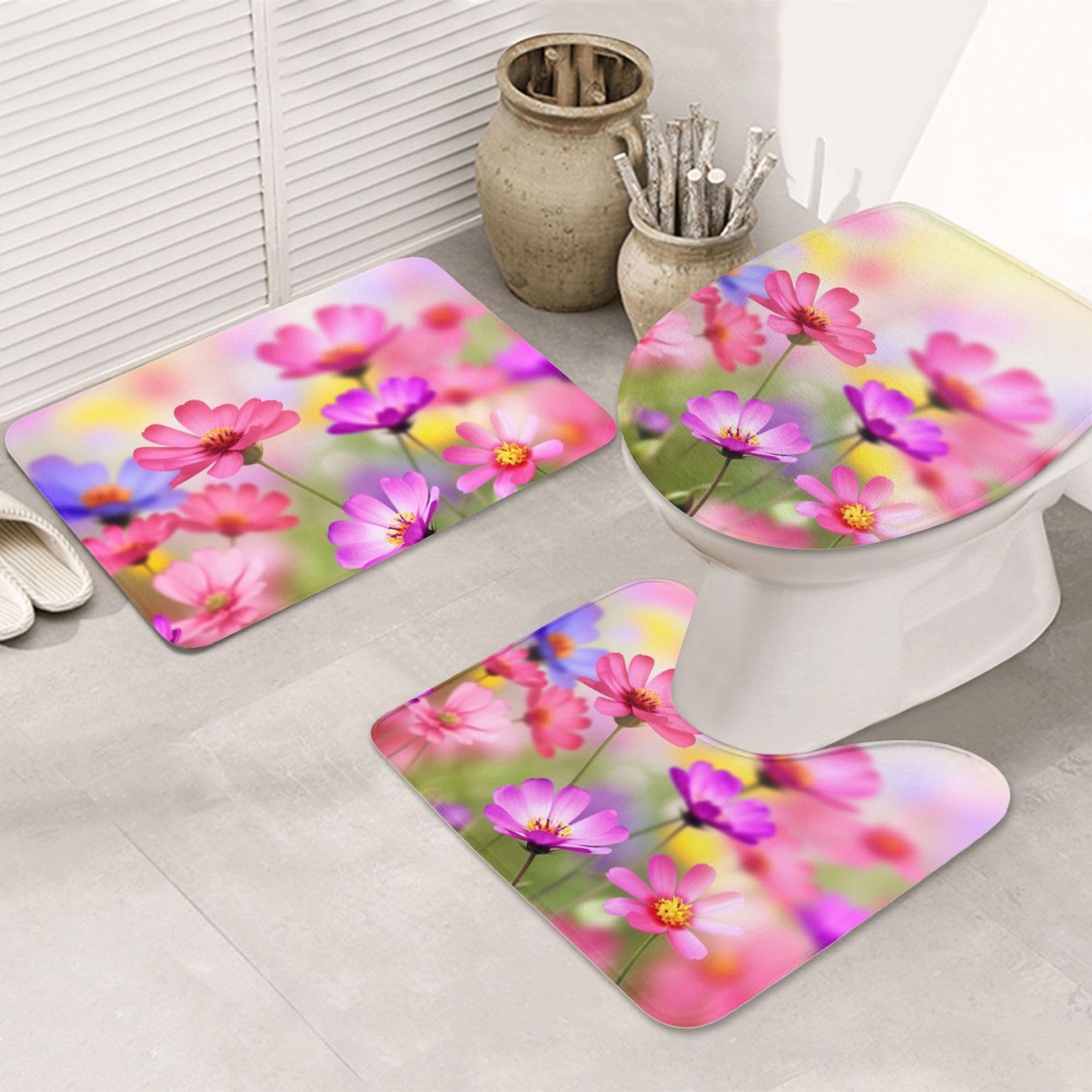 Tapis de salle de bain absorbants lot de 3 avec contour WC U rose motif fleurs d'été