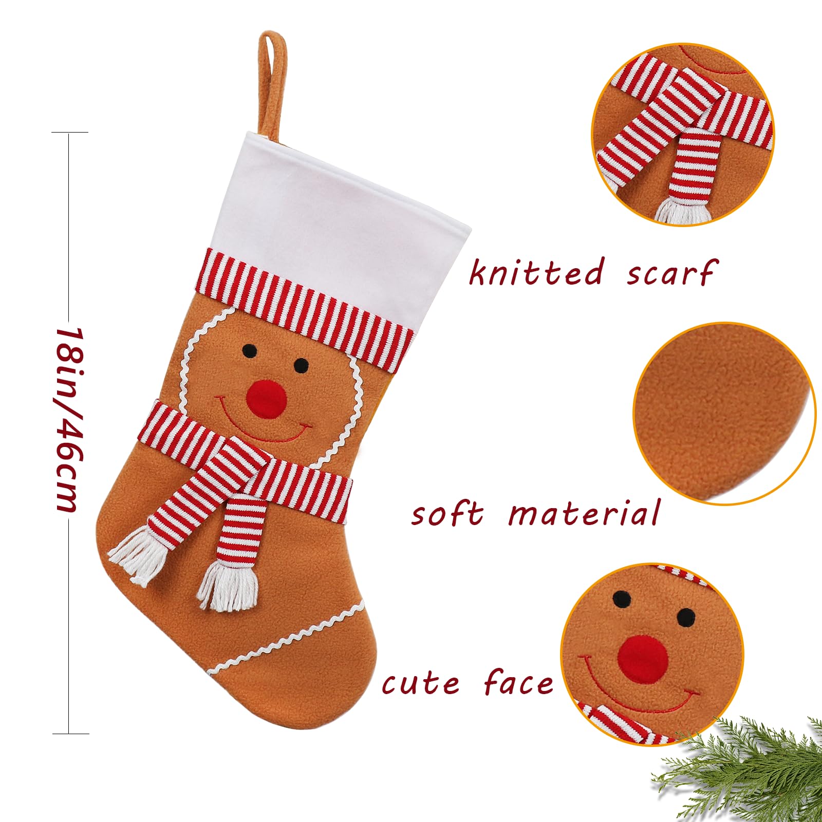 YOSICHY Funny Christmas Stocking - Gingerbread Man with Red White Scarf, Unique Large Plush Christmas Stocking for Kids,Cute Christmas Gingerbread Decorations for Tree Fireplace Home Decor-18 Inch