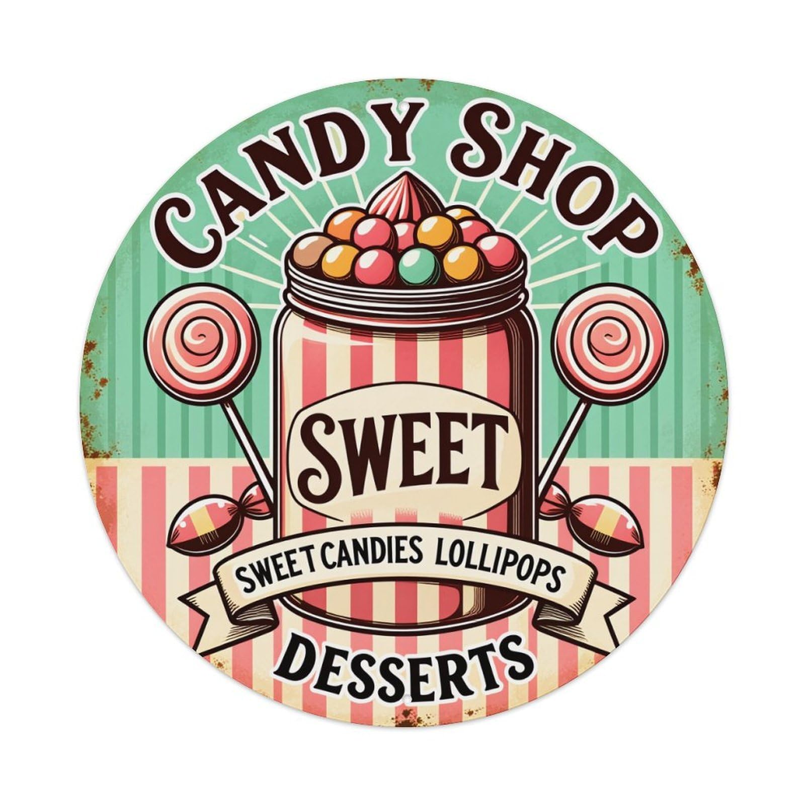 Candy Jar Lollipops Stripes Sweet Desserts Vintage Pattern Round Vintage Tin Sign,Retro Wall Art,Metal Poster for Home, Bar, Garage, Cafe, Rustic Indoor & Outdoor Decor, 8x8 Inches