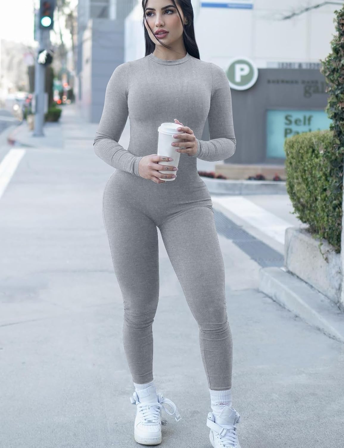 VASAUGE Women's Sexy One Piece Long Sleeve Jumpsuits Ribbed Crew Neck Club Rompers - Image 5