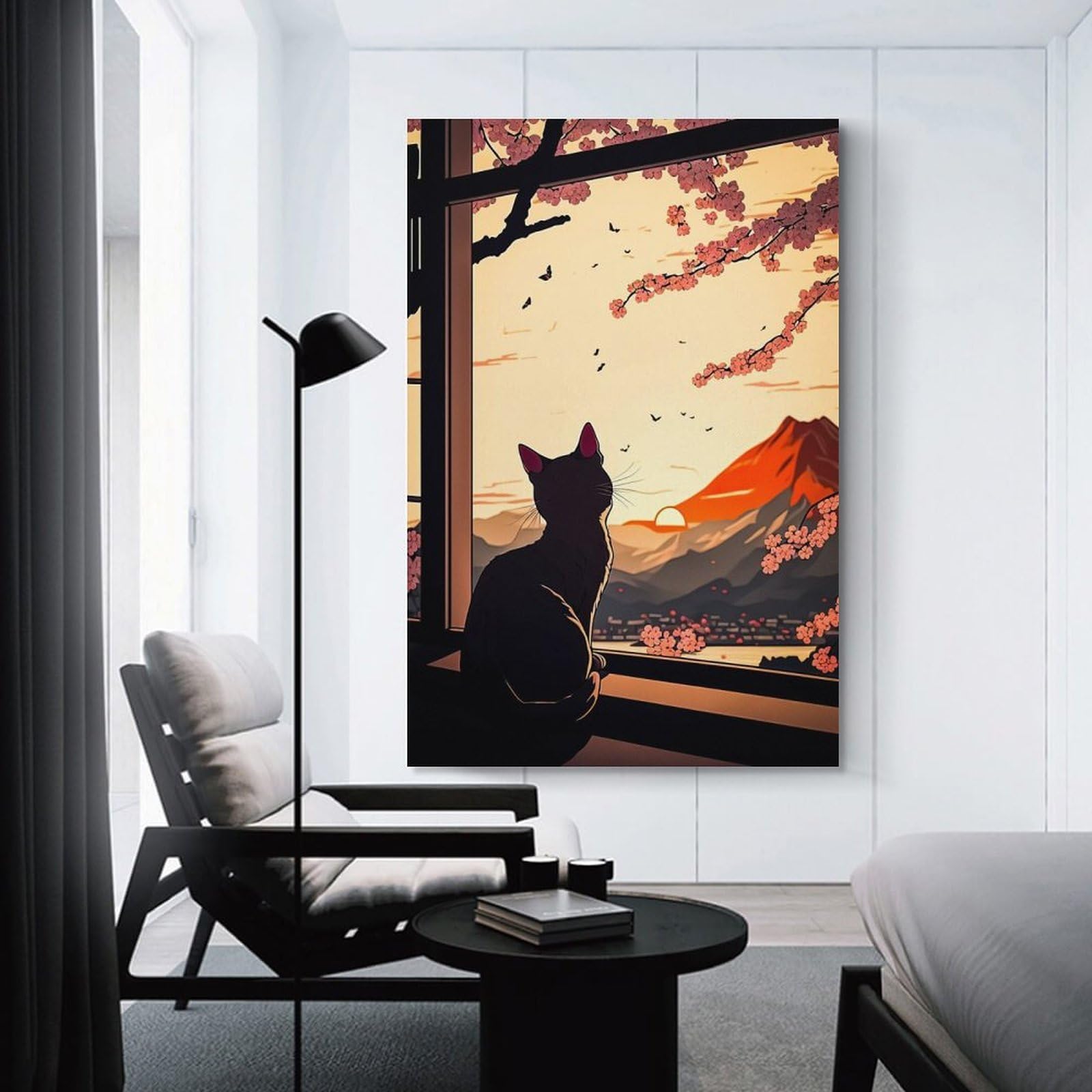 Junmoney Cat Cherry Blossom Japan Canvas Wall Decor 24x36inch(60x90cm), for Study, Office Or Focused Interiors, Wall Art That Adds Style to Work Areas