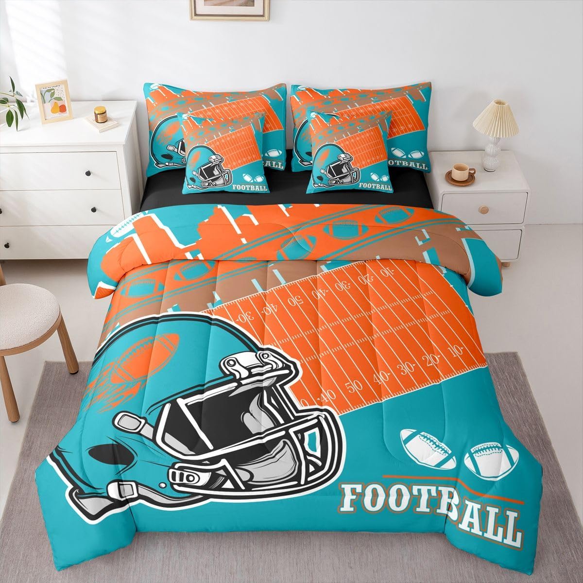 Erosebridal Football City Full Comforter Set with Sheets 7 Piece Bed Rugby Fans in A Bag Kids Boys Teen Room Decor,Sports Gaming Bedding Set Orange Teal Bed Set for Adults Men (Miami)