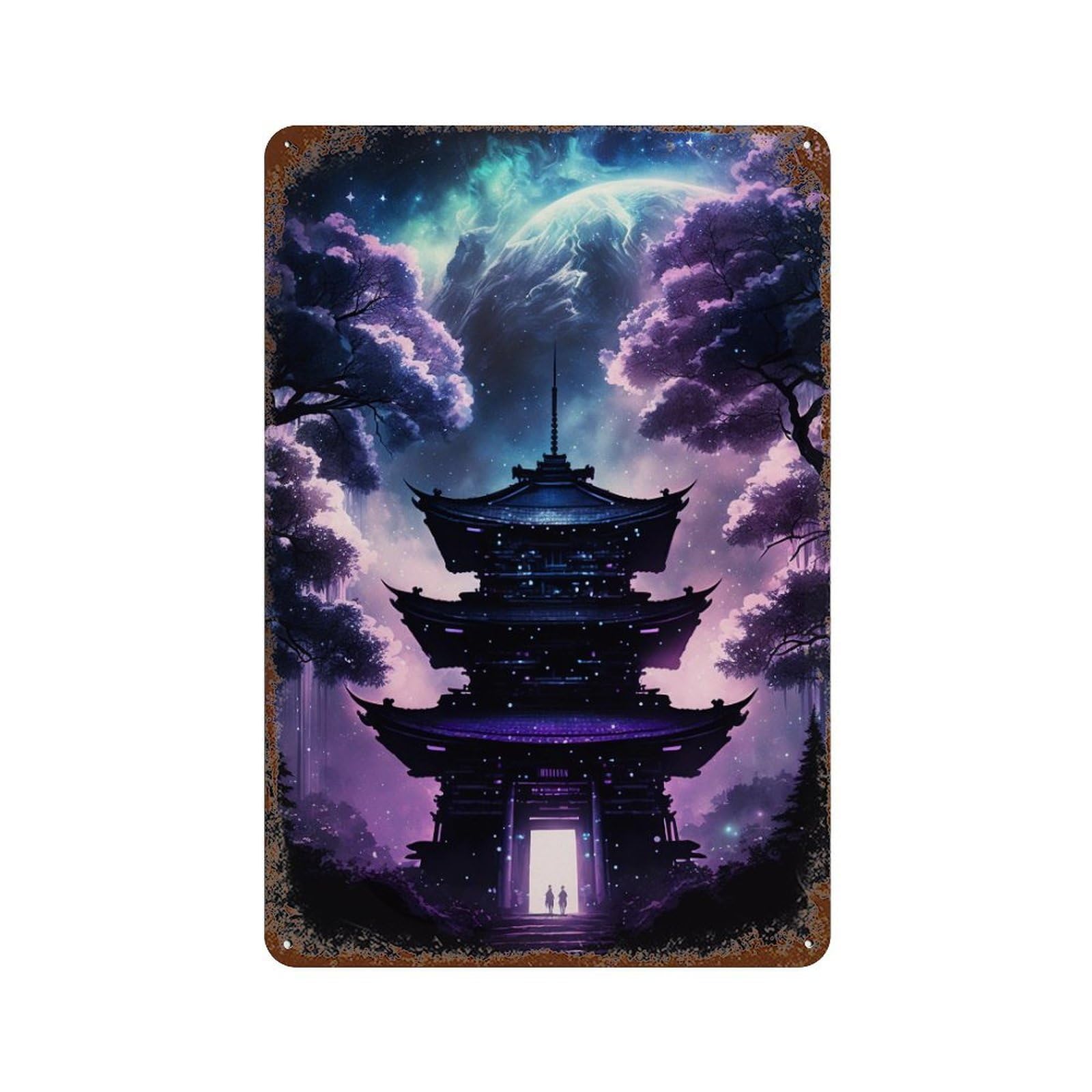 Rust Effect Mystical Japanese Pagoda Night Scene Weathered Tin Sign 11.8"x7.9", Retro Wall Decor for Garage, Bar And Workshop Decor