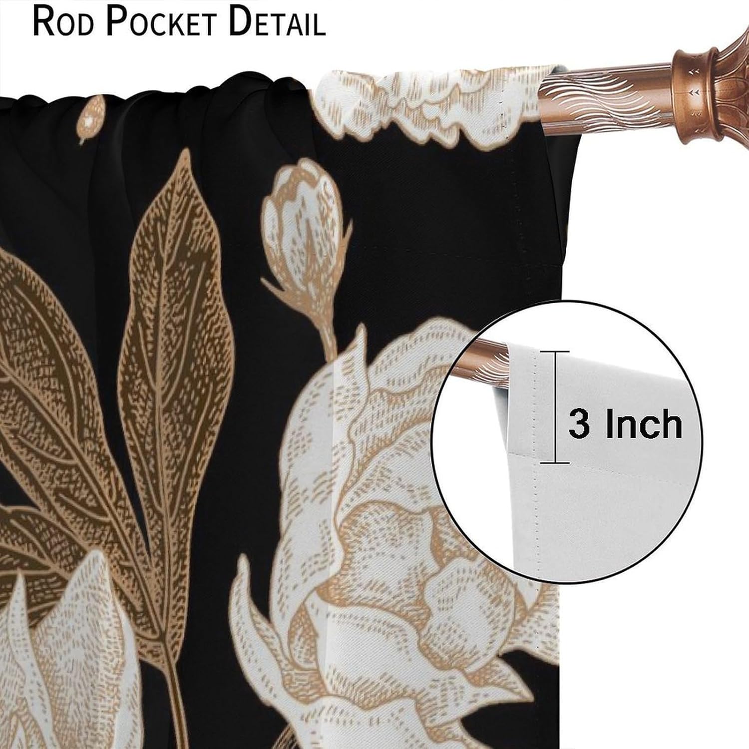 Black Gold Floral Blackout Curtains Abstract Vintage Rustic Flower Botanical Aesthetic Art Print for Girls Women Bedroom Living Room Bathroom Rod Pocket Decoration Window Drapes 2 Panels W21xL54in
