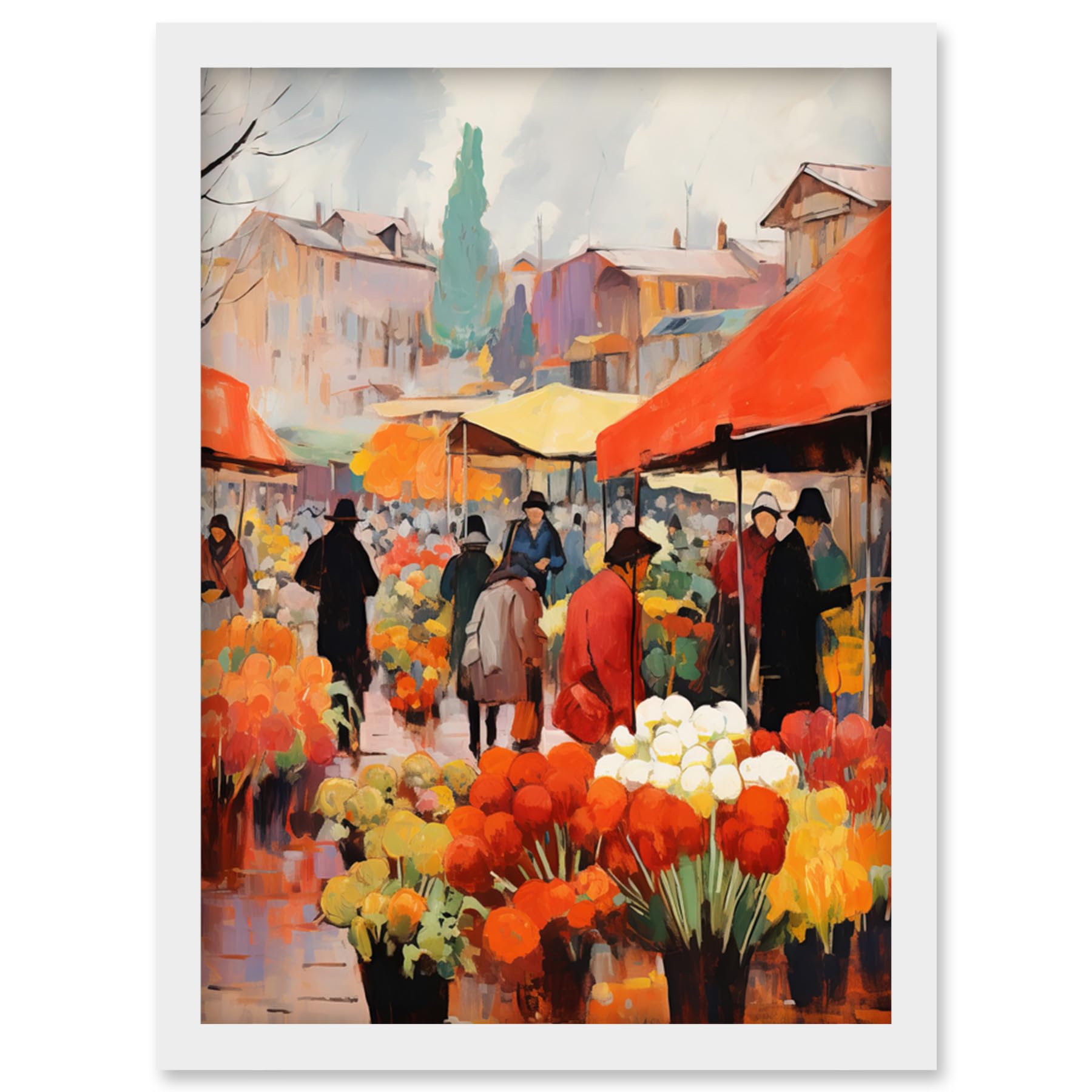 Artery8 Busy Flower Market Warm Amber Orange Yellow Oil Painting Artwork Framed Wall Art Print A4