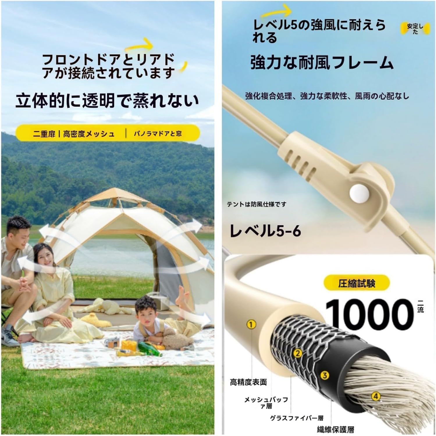 Juxkov 自動ポップアップテント ワンタッチ 防風 防水 通気性 折りたたみ 前後観音開き 設営簡単 uvカット加工 ハイキング