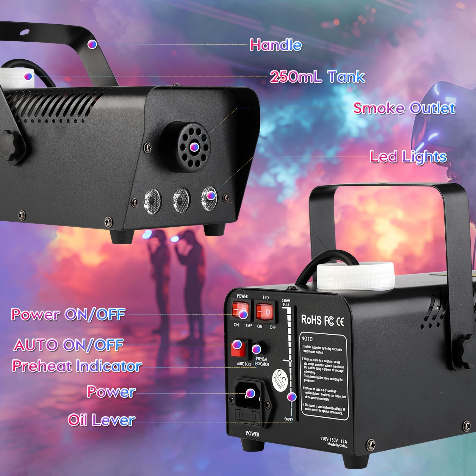 Fog Machine Auto Smoke LURT LED Light 500W Mini Wireless Remote Control Mode Portable for Parties Outdoor Halloween Wedding Stage Effect Indoor Disco and Disinfection 2500CFM Fuse Protection