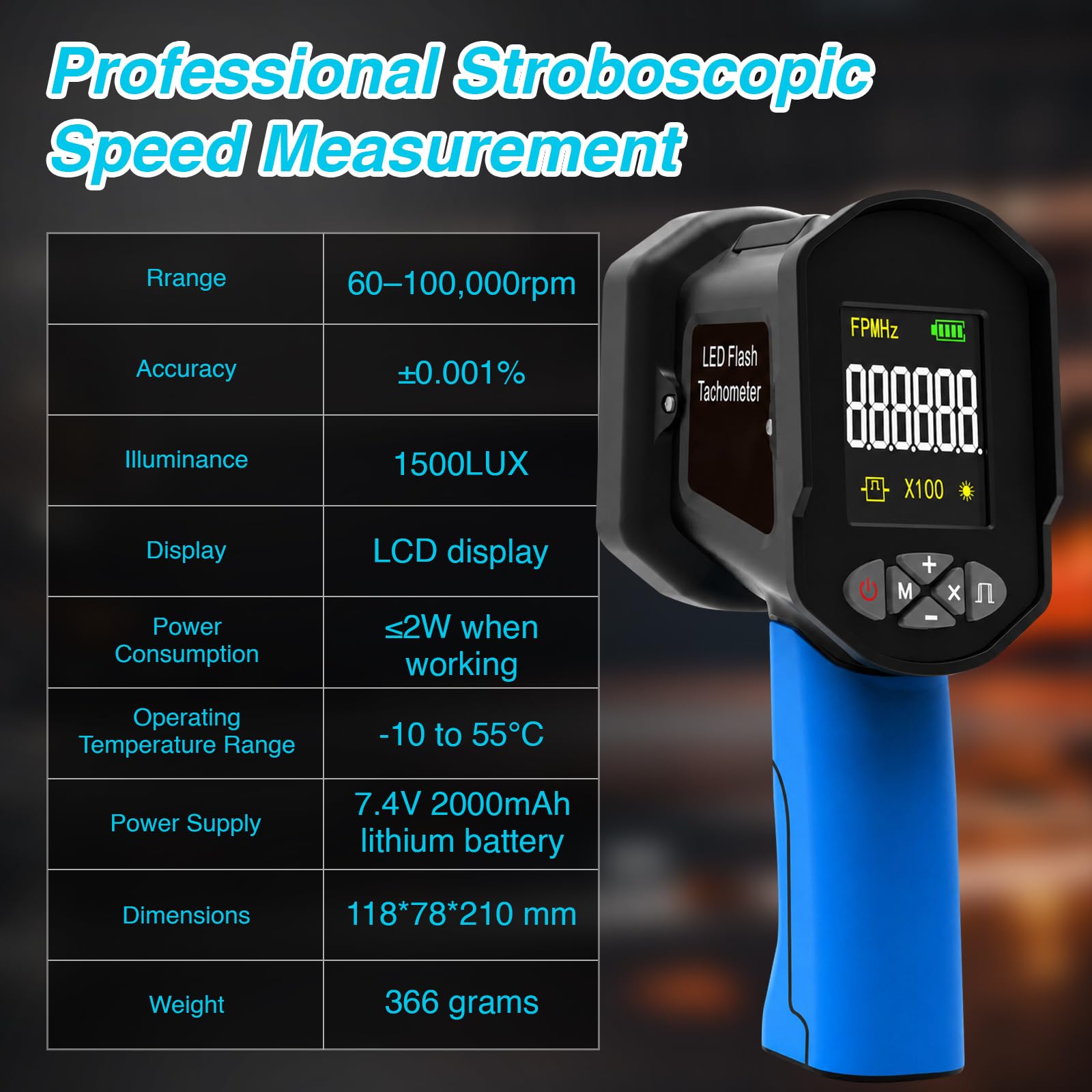 60-100000 U/min Digital Strobe Tachometer, berührungsloser Handheld LED Stroboskop mit 0.001% Genauigkeit der Geschwindigkeitsmessung, 1500LUX, 16 LEDs, USB-aufladbar, LCD-Display für Motoren, Lüfter
