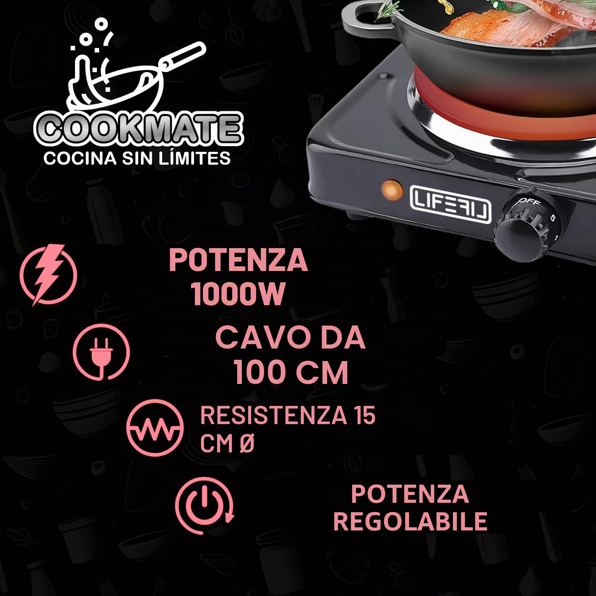 Fornello elettrico portatile per cottura CookMate 1000 W. Piastra per alimenti ad alta potenza, ideale per campeggio, terrazza, roulotte. Adatto a tutte le padelle. Nero