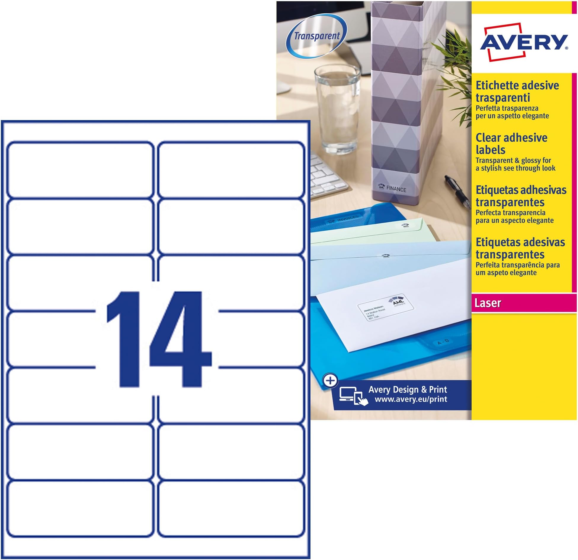 Printable, customisable Clear Address Mailing Labels, Laser Printers, 14 Labels Per A4 Sheet, 350 labels, QuickPEEL (L7563)