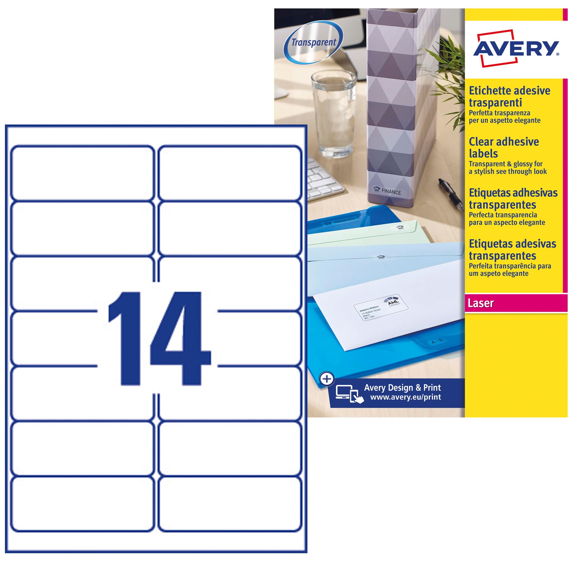 AVERYPrintable, customisable Clear Address Mailing Labels, Laser Printers, 14 Labels Per A4 Sheet, 350 labels, QuickPEEL (L7563)