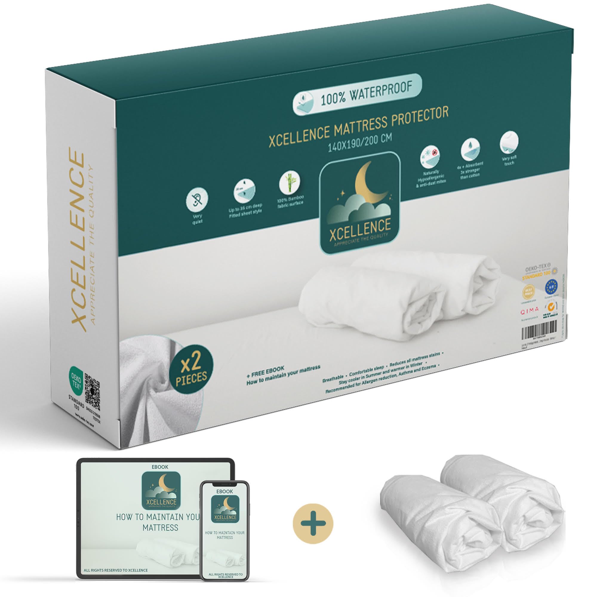 2 Stück Matratzenschoner 140 x 190/200 cm - wasserdicht leise - atmungsaktiv - 100 % Bambus - Höhe 35 - 30 cm - natürlich gegen Milben und Bakterien - Spannbetttuch-Form
