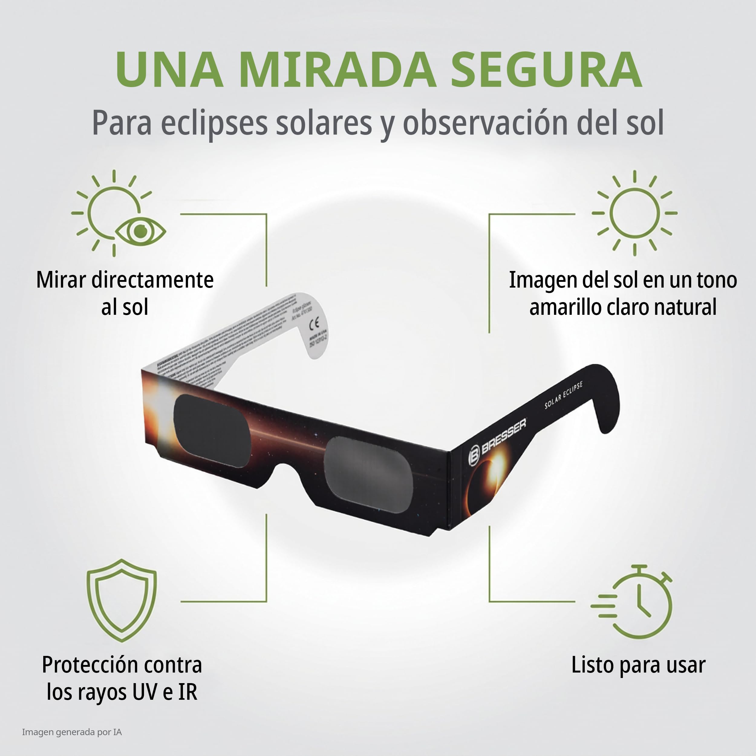 Bresser Gafas Eclipse Solar homologadas CE ISO 12312-2 pack 100 Diseño B | Absolutamente seguras, listas para los eclipses solares 2026, 2027, 2028, lámina astrosolar, imagen solar amarilla natural