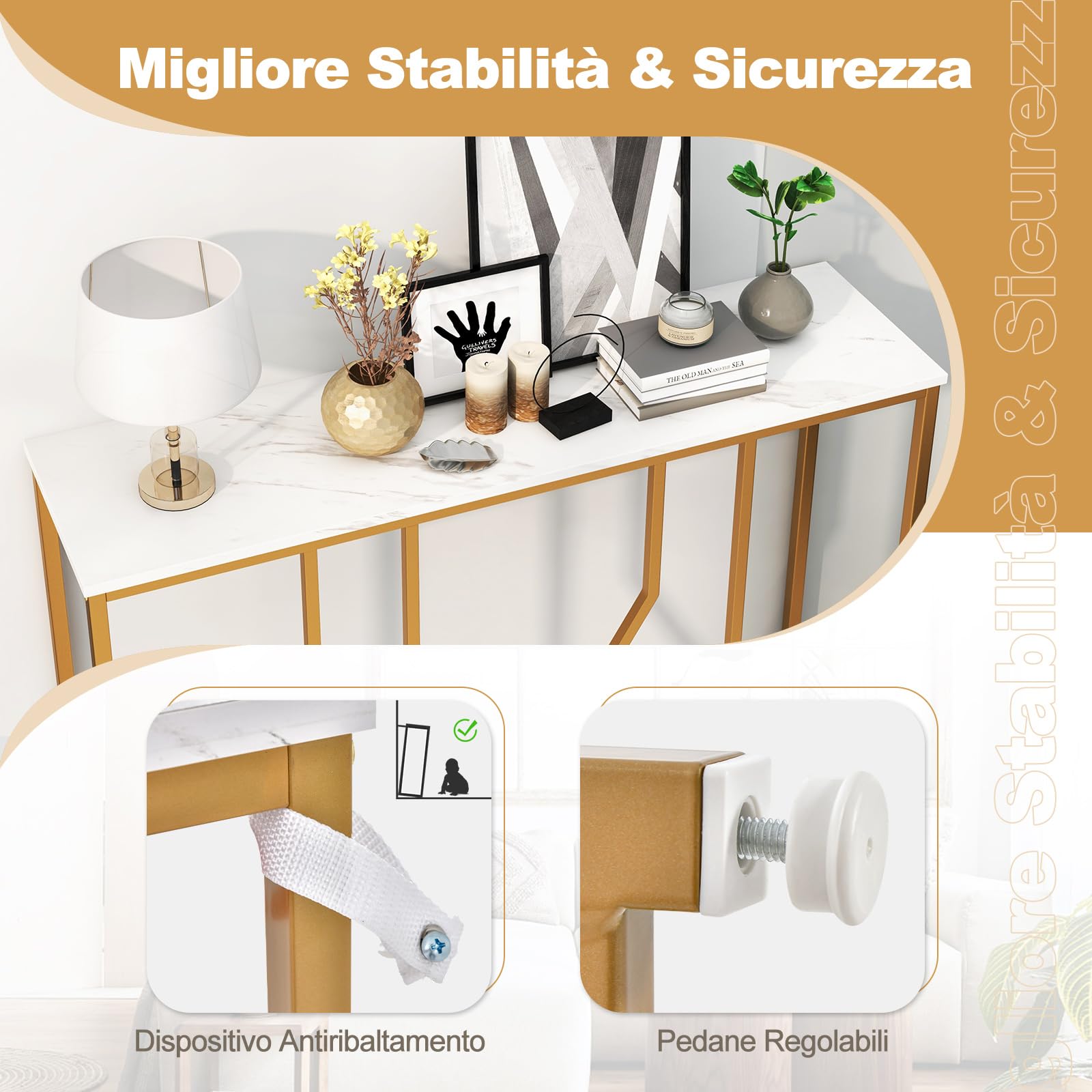COSTWAY Tavolo Consolle 110cm, Tavolo da Ingresso con Piano Effetto Marmo, Struttura in Metallo, per Soggiorno, Corridoio, Ingresso