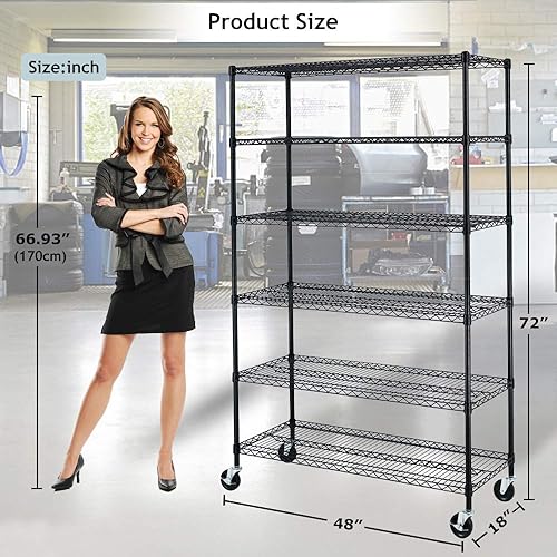 Miniatura 3 de Estantería de alambre resistente de 6 niveles, estante de almacenamiento ajustable sobre ruedas, capacidad de peso de 6000 libras, estantes de