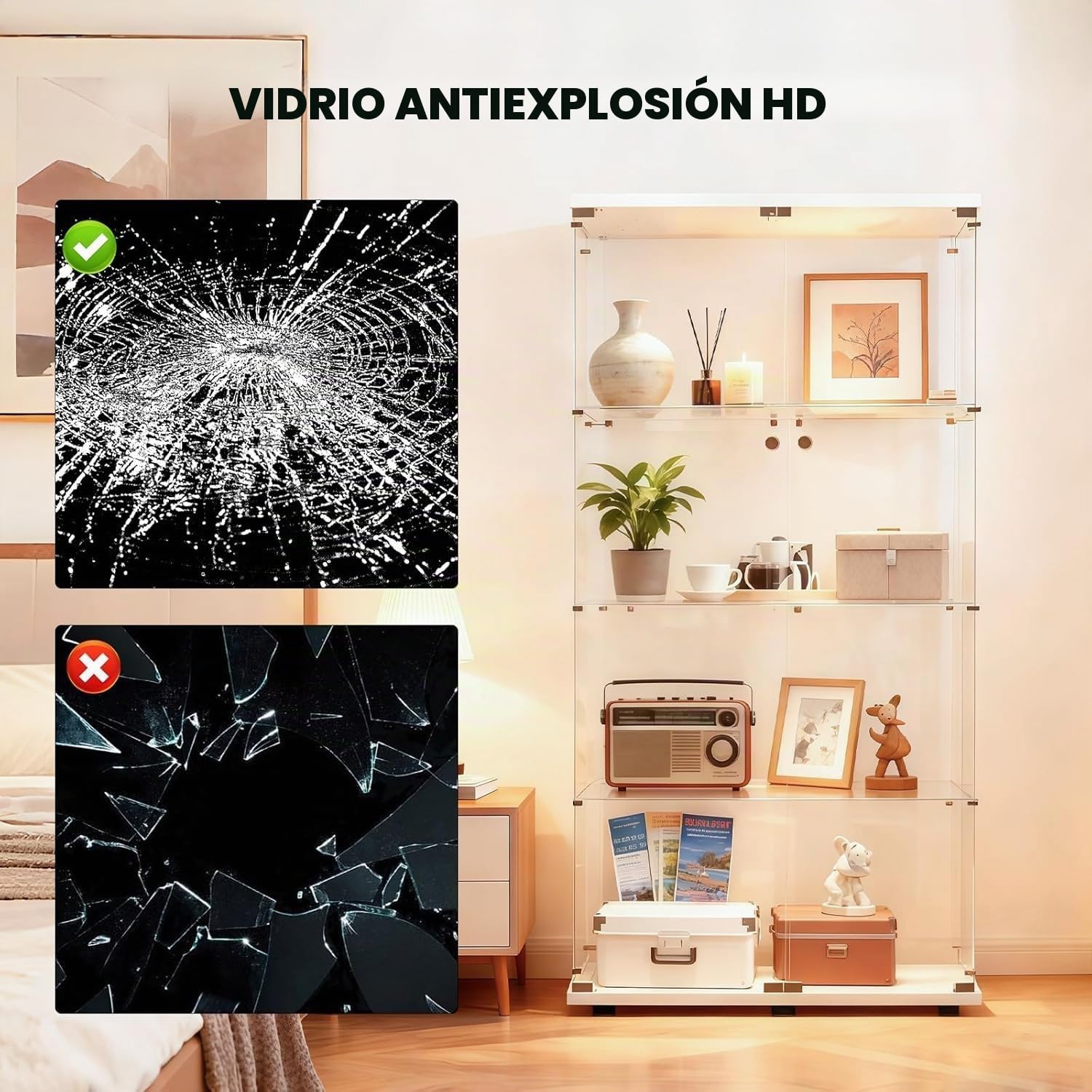 Vitrina de Cristal, 164,5 cm, 2 Puertas, 4 Capas, Vitrina de Cristal, Vitrina de colección, Armario Alto para salón, Dormitorio, Oficina