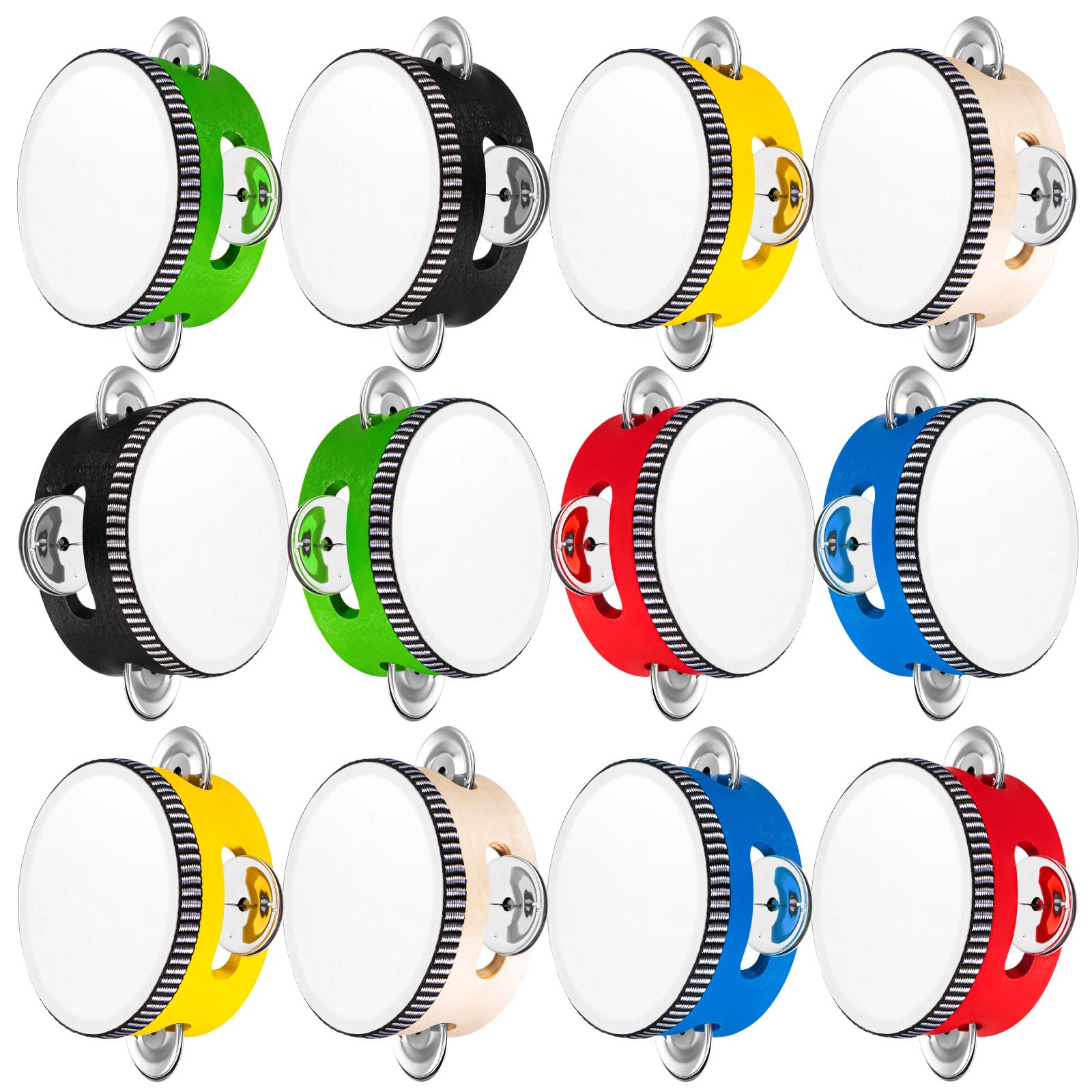 12 panderetas de boda de 4 pulgadas para adultos, regalo de percusión de mano, cascabeles de madera y metal, instrumento educativo musical para iglesia, boda, fiesta, juegos (multicolor)