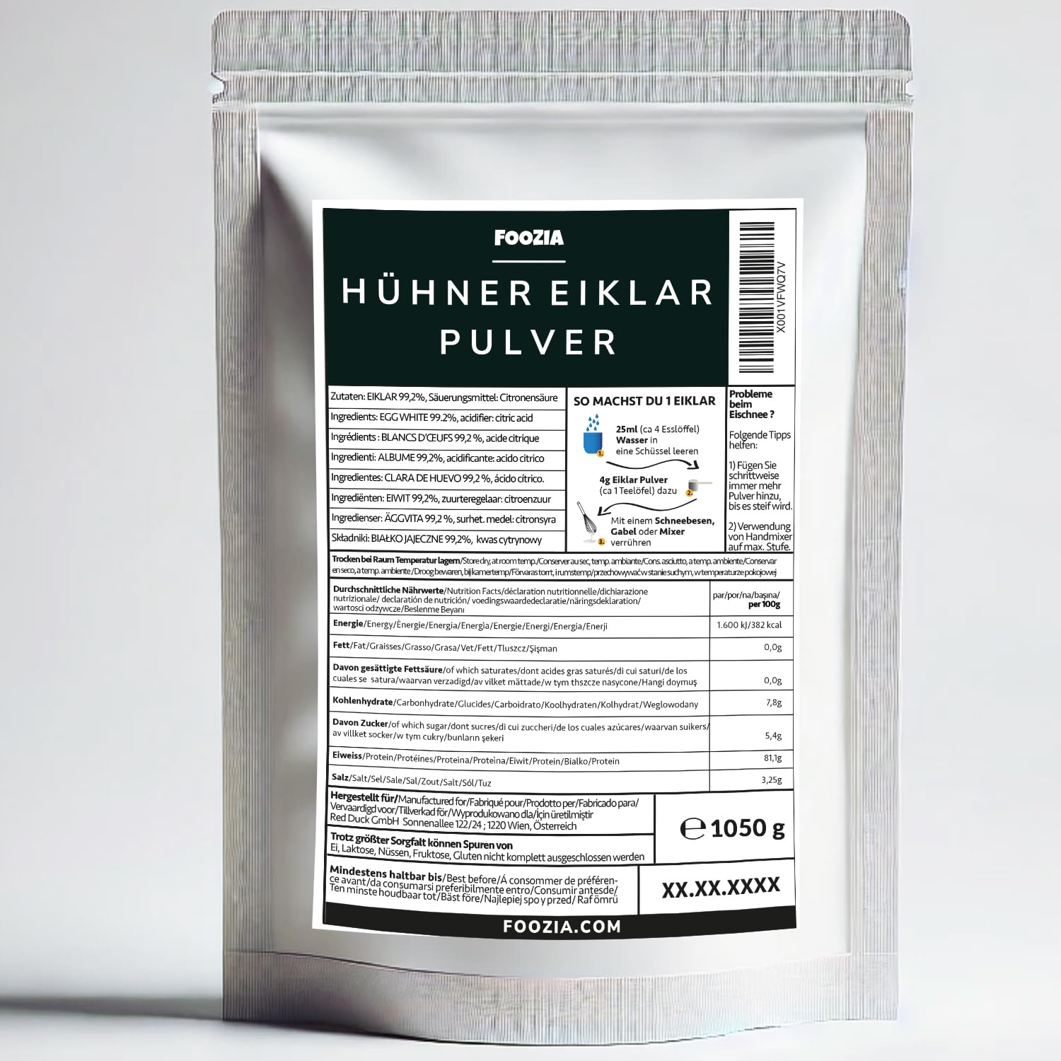 Polvere di proteine d'uovo in polvere, 1050 g, per uova, colore bianco Foozia