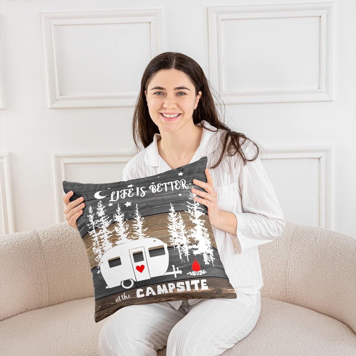 Erosebridal Pack of 4 Rustic Farmhosue Throw Pillow Covers 18x18 Inch, Camper Rug for Travel Trailers, Happy Rv Camping Cushion Covers, Campsite Brown Red White Decorative Pillow Covers Set