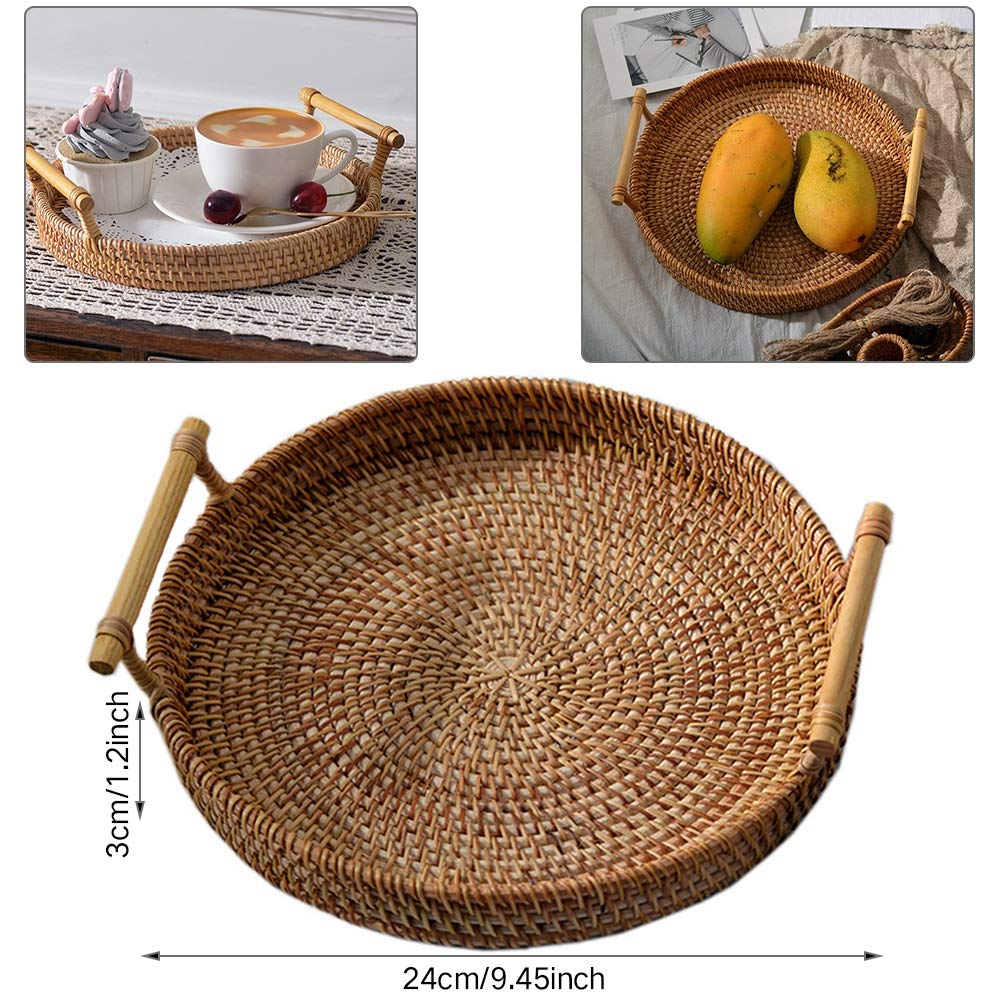 Rattan Handwoven Round High Wall Severing Tray Food Storage Platters Plate Over Handles for Breakfast Drink Snack for Coffee Tea