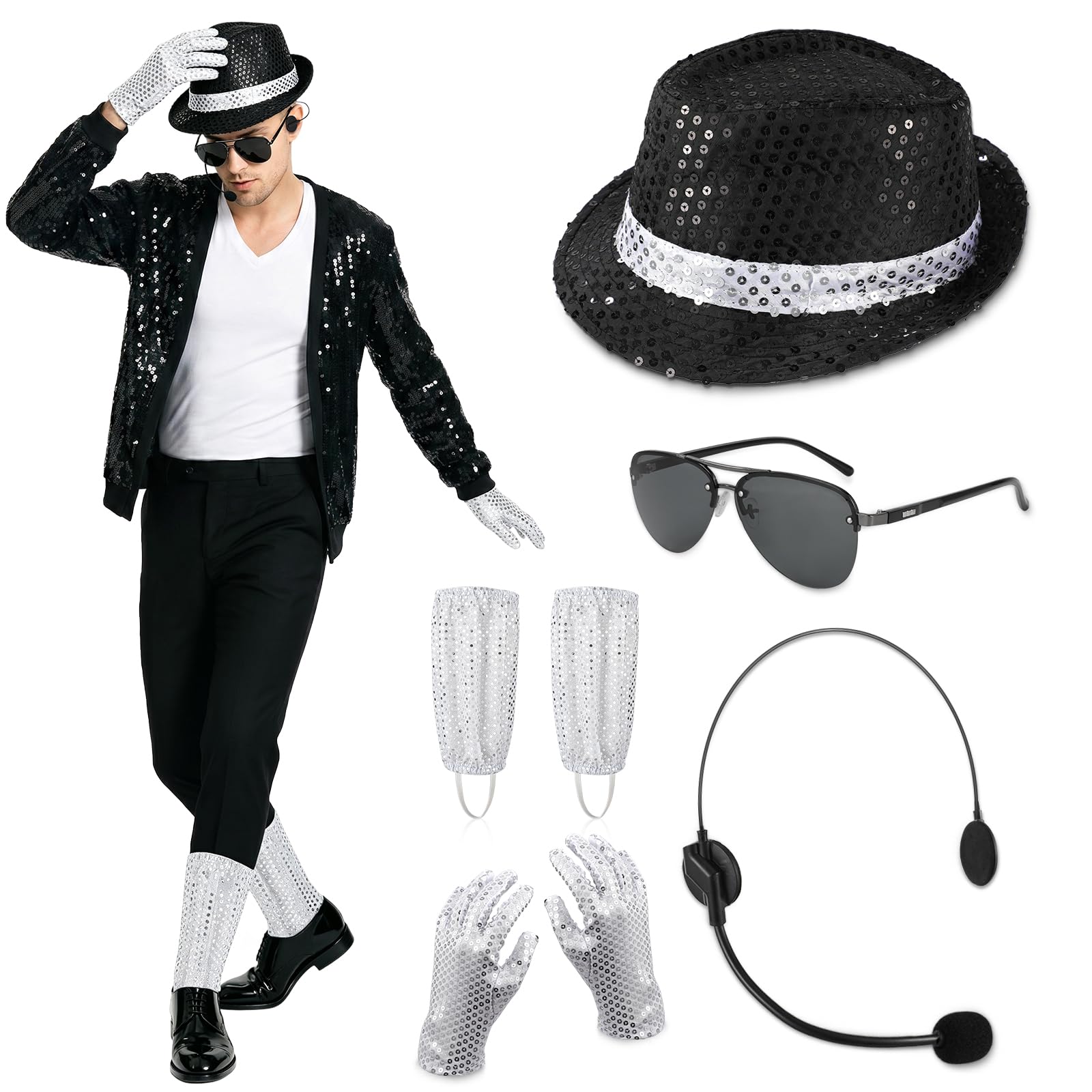 7PCS Accessoires de Costume MJ pour Adultes, Chapeau Paillette Micro-casque Lunettes de Soleil Gants à Paillettes Chaussettes Argentées, 80s Danseur Rock Pop Star Cosplay Kits de Déguisement Halloween