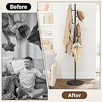 Vista 8 de MISSLO Perchero resistente independiente de 4 tamaños ajustables con base de madera estable, soporte de pie con 6 ganchos para colgar ropa, árbol