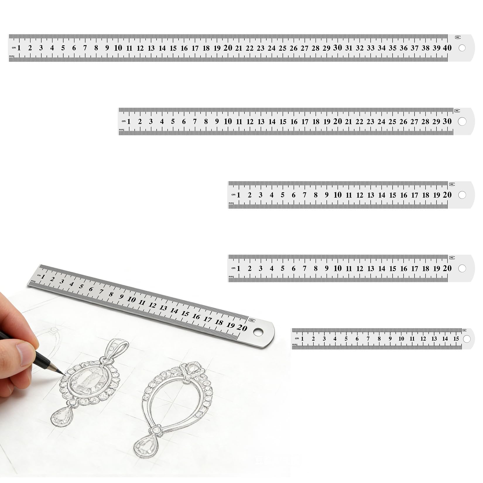 Righello in Acciaio Inossidabile 5 Pezzi 15/20/30/40 cm Metallo Scala Bifacciale