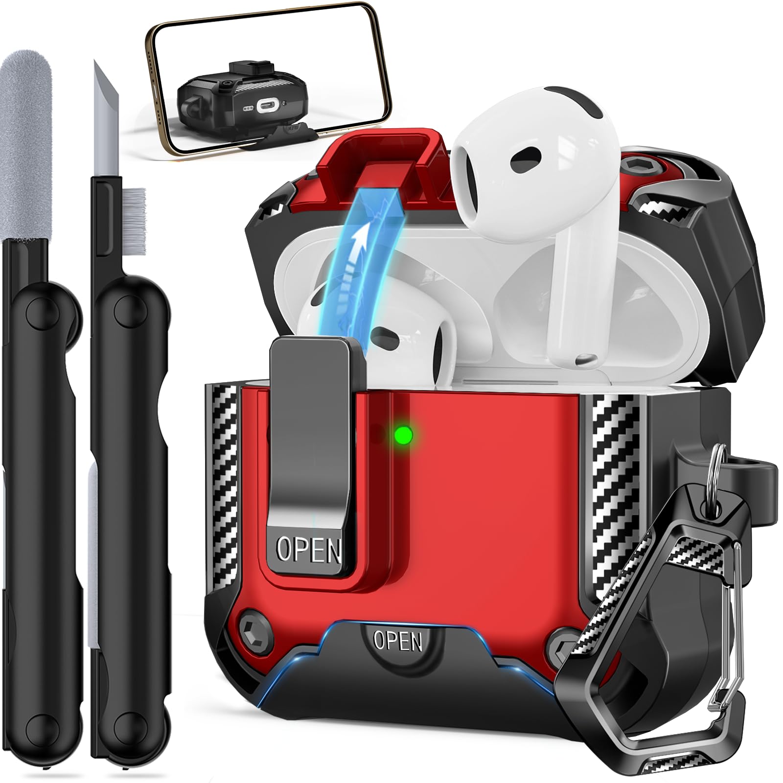 Secure Lock Case for AirPods 4 with Phone Stand, Cleaning Kit & Keychain, Shockproof Protective Cover Compatible with Apple AirPods 4th Gen 2024 for